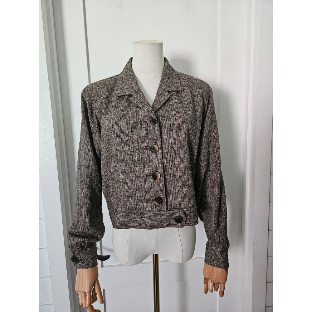 Ann May Vintage 100% Woven Silk Brown Crop Blazer Jacket Size Small Retro